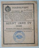 1930 Szent Imre év vasúti kedvezményre jogosító igazolvány