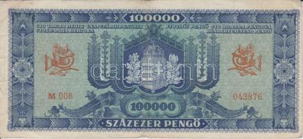 1945. 100.000P "kék"! bélyeggel T:III RR!!
Hungary 1945. 100.000 Pengő blue type with stam...