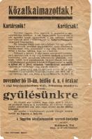 1918 Felhívás közalkalkalmazottak szervező bizotságának gyűlésére, hátoldalon 3 db Károly sor Köztársaság alkalmi bélyegzéssel