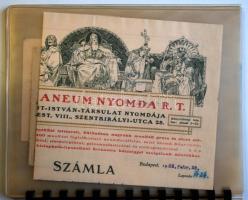 cca 1920-1940 20db nyomtatvány tartóba rendezve: fejléces számlák, reklámok, csekkek, utalványok stb