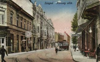 Szeged Kölcsey utca, Royal Szálloda, Gotschall hölgyfodrászat, Szatmári Géza divatüzlete, villamos