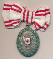 1914. "Vörös Kereszt Ezüst Díszérme hadidíszítménnyel" női csokorszalagon, fülben nemesfém jelzéssel T:2,2- k. Hungary 1914. "Red-Cross Silver Medal with war decoration" on bow ribbon with silver hallmarks C:aXF scratched