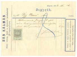 1899 Bán Kálmán Kispest. Ásványvíz raktár reklámos számla
