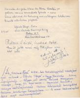 1965 Mikes Lilla színművésznő sajátkezű írása és aláírása papírlapon, hátoldalán Rózsa László újságíró és Földeáki Béla újságíró írása és aláírása