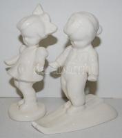 Síelő kisfiú és egy katicás kislány, porcelán, hibátlan, jelzés nélkül, m: 2×13 cm