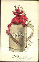 Krampus, pitcher, playing card suits