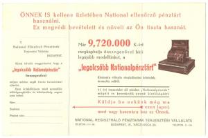 1925 National pénztárgép reklámnyomtatvány, válaszlevelezőlappal