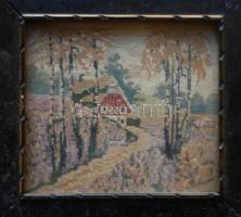 Házikó a domboldalon, tűgobelin, üvegezett régi keretben, 20×20 cm