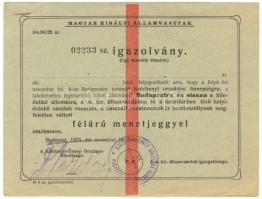 1925 Magyar kir. Államvasutak kedvezményes utazási igazolvány a Széchenyi emlékünnepre