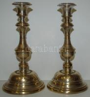 cca 1920 Jelzett WMF (Württembergische Metallwarenfabrik) ezüstözött alpakka gyertyatartópár, az ezüstözés erősen megkopott /  A pair of silver plated alpacca candlesticks hallmarked by WMF, with worn plating, 24cm