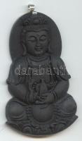 Kézzel faragott lávakő Buddha-medál ezüst (Ag) akasztóval /  Hand carved lava stone medallion showing Buddha with silver hook, 6cm