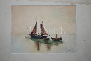 Olvashatatlan jelzéssel: Süllyedő vitorlás, akvarell, papír, foltos paszpartuban 20×24 cm