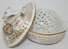 Herendi bonbonier, kézzel festett, áttört, arany színnel, apró lepattanásokkal, m:9 cm, h:11 cm