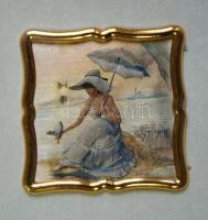 Napernyős hölgy a galambbal, színezett ezüst kép, jelzett (ezüstjel), szép üvegezett keretben