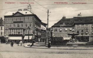 Pozsony Halászkapu street, Central Pilsner Urquell Restaurant, Shop of Veit József, Shop of Grünhut Brothers (EK)