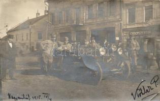 Nagymihály soldiers, automobile, Café house of Strümpl Gábor, pub, pharmacy (EK)