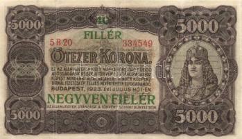 1923. 5000K "40 FILLÉR NEGYVEN FILLÉR" felülbélyegzéssel T:III (javítási nyom)