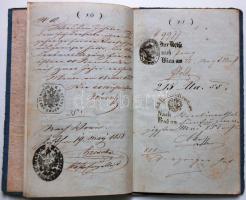 1850-1860 Vándorkönyv magyar rézműves részére bejegyzésekkel, 6kr CM okmánybélyeggel / Wander book