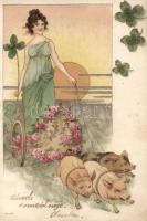 Lady, pigs, Art Nouveau, litho