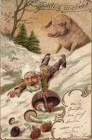 New year, dwarf, pig, mushroom, litho, Emb. (EK)