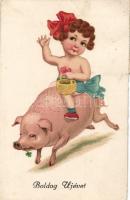 New year, pig, girl, litho (EK)