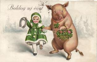 New year, pig, horseshoe, girl, litho