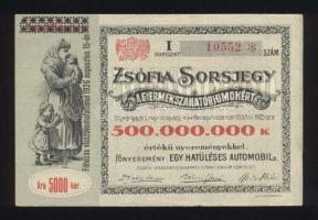 1926. "Zsófia Sorsjegy a Gyermekszanatóriumokért" 5.000K vásárlói értékkel és 500.000.000K összegű főnyereménnyel T:I-/II