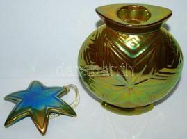 Zsolnay eozinos gyertyatartó m:13 cm és csillag m:8 cm, hibátlanok, jelzettek, eredeti dobozában