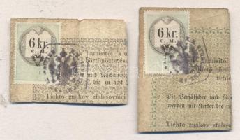 1848. 6Kr. C.M. pecsételt okmánybélyeg 1Ft + 2Ft Kossuth bankó kivágáson T:III