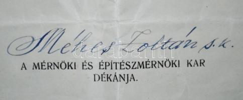 1937 Mérnöki oklevél gr. Teleki Pál és Méhes Zoltán saját kezű aláírásával. Hajtásoknál egy kis lyuk...