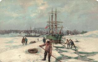 Sailing ship, ice breaking, litho