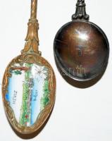 Két darab emlék kis kanál: Hévíz zománc díszítéssel, Pécs címerrel