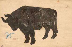 Bull, glued mosaic card, Bika, ragasztott mozaiklap