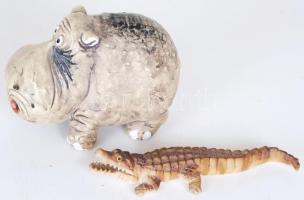 Kézzel készített víziló 6×8 cm, jelzett és egy krokodil h:10 cm