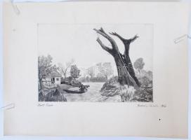 Juhász Sándor (1934-1993): Holt Tisza, rézkarc, papír, jelzett, gyűrött szél, 16×25 cm