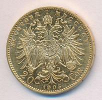 Ausztria 1905. 20K Au "Ferenc József" (6.79g/0.900) T:2 apró k. Austria 1905. 20 Kronen Au "Franz Joseph I" (6.79g/0.900) C:XF tiny scratch