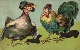 Couple chicken and rooster, litho, (b)