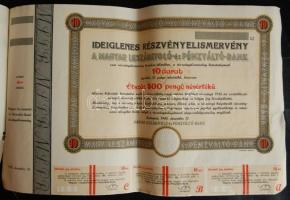 1945. Ideiglenes Részvényelismervény a Magyar Leszámitoló-és Pénzváltó-Bank 500P (10db 50P) névérték...