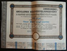 1945. Ideiglenes Részvényelismervény a Magyar Leszámitoló-és Pénzváltó-Bank 5000P (100db 50P) névértékű részvényéről