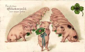 New Year pigs with clovers, litho