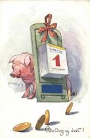 New Year pig with calendar, artist signed