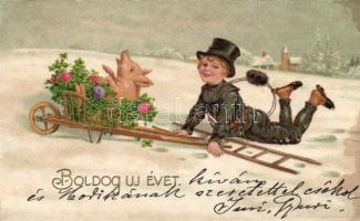 New Year pig with a chimney sweeper boy, litho (fl)