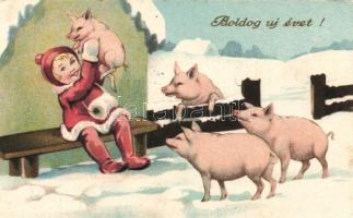 New Year child with pigs, litho