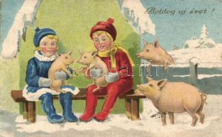 New Year children with pigs, litho (Rb)