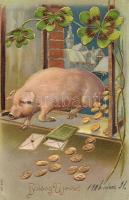 New Year pig, clover, money, hidden message under the stamp, litho Emb.