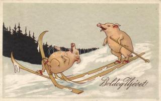 New Year skiing pigs litho