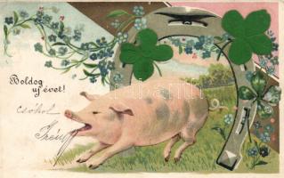 New Year pig, clovers, horseshoe, litho silk card (wet damage)