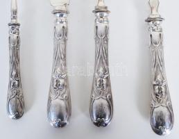 Négy darab ezüst (Ag) evőeszköz, gazdagon díszített, monogramos: tortalapát, húsos villa és kés, kan...