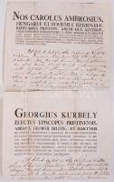 1807/1808 2db egyházi okirat Kurbély György (1755-1821) megyéspüspök és Kovalik János (1770-1821) későbbi választott püspök aláírásával, szárazpecséttel