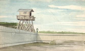 Military WWI POW camp, hand-painted postcard